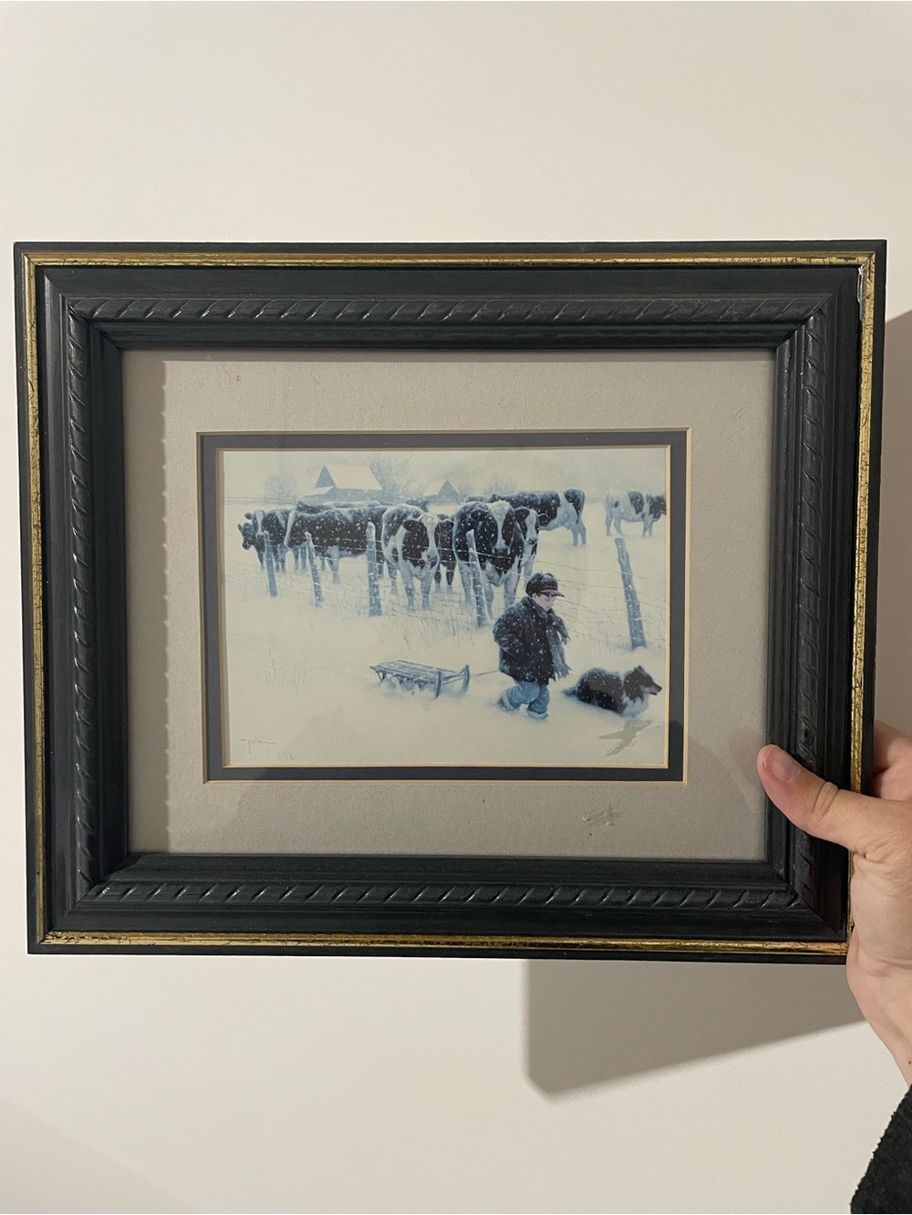 Framed Winter Cow Pastoral Art Print in Black and Cream